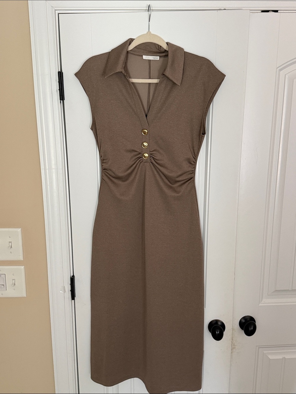 Zara Brown Collared Midi Dress with Gold Buttons
